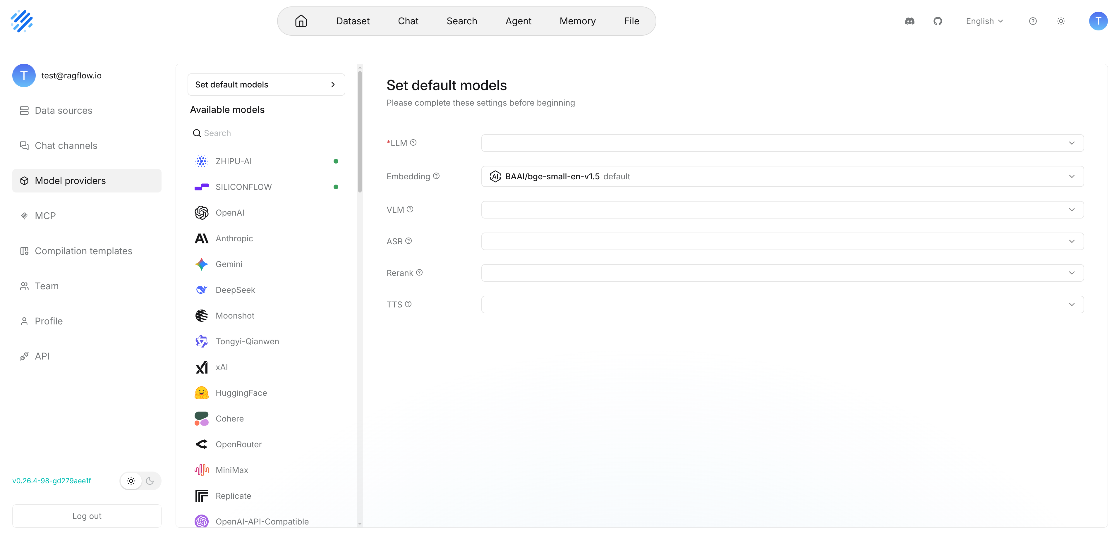 RAGFlow 官方 Set default models 页面