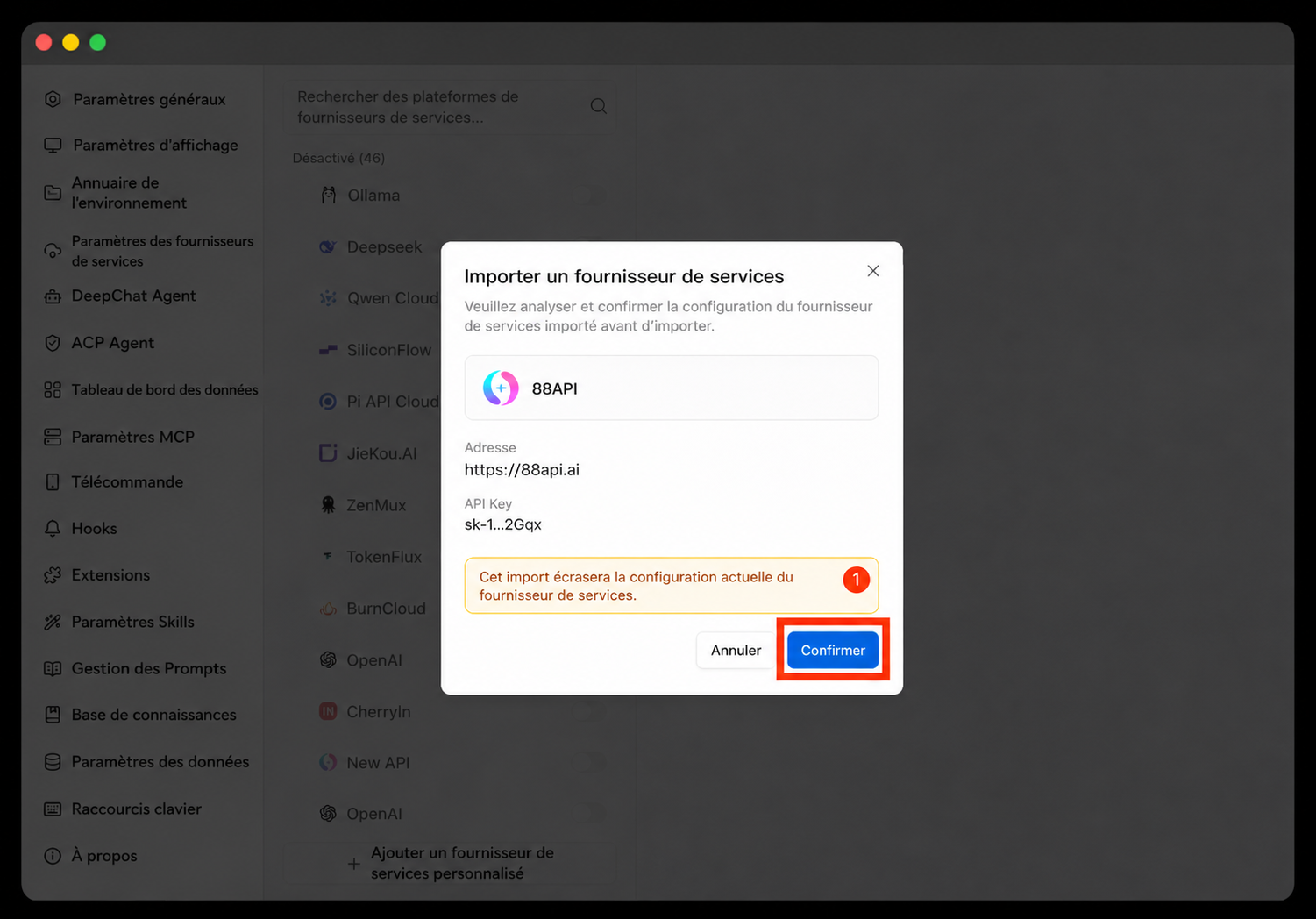 Confirmer la configuration DeepChat