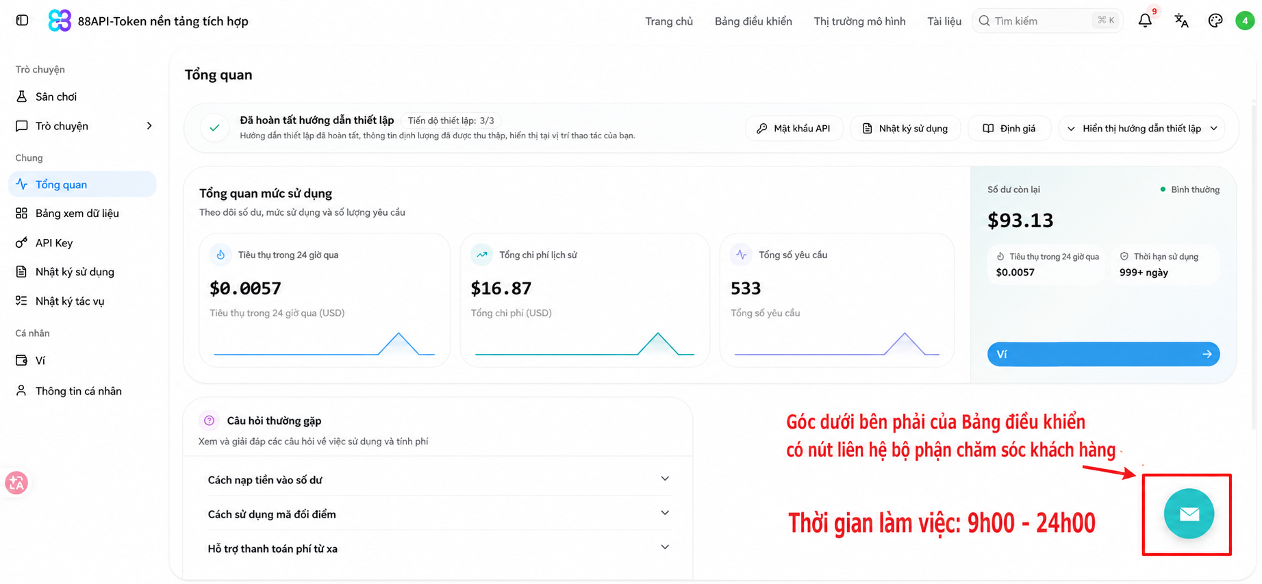 Nút Liên hệ chăm sóc khách hàng ở góc dưới bên phải bảng điều khiển