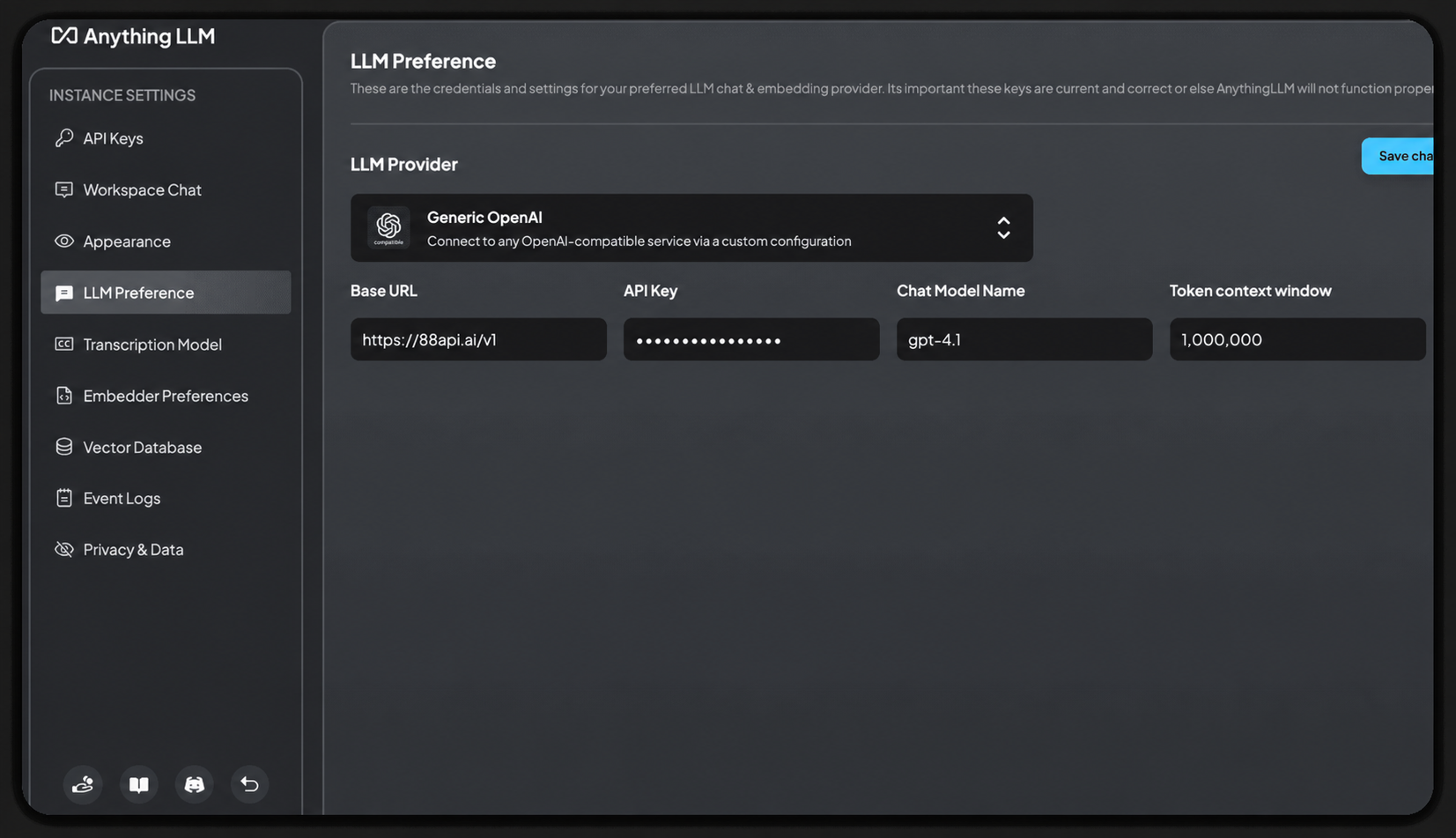在 AnythingLLM Generic OpenAI 中填写 88API 地址、密钥和模型