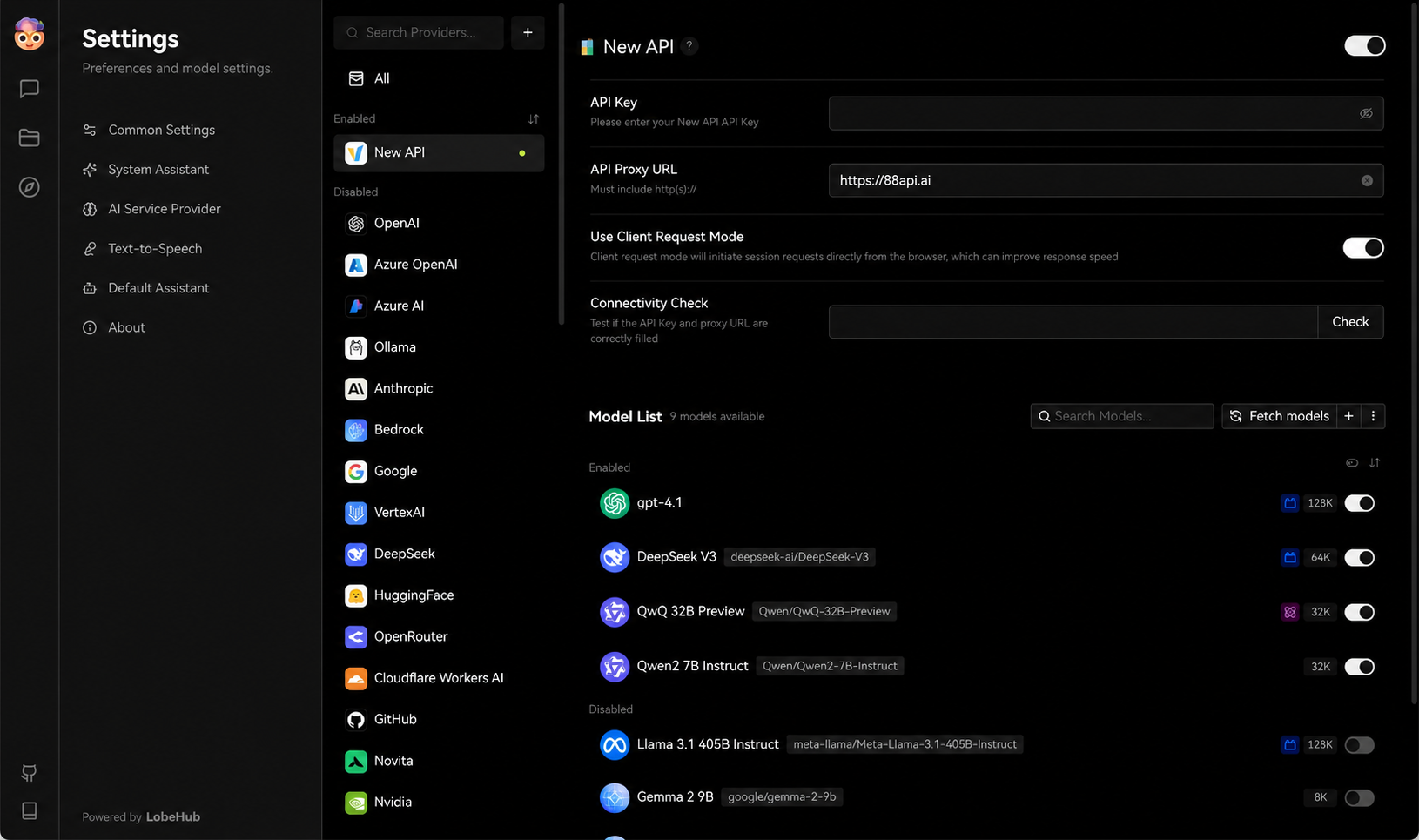 在 LobeHub 的 New API 服务商中填写 88API 地址并获取模型