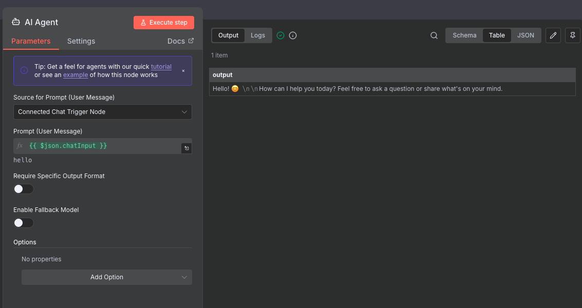 n8n AI Agent 通过 OpenAI Chat Model 返回结果的真实界面