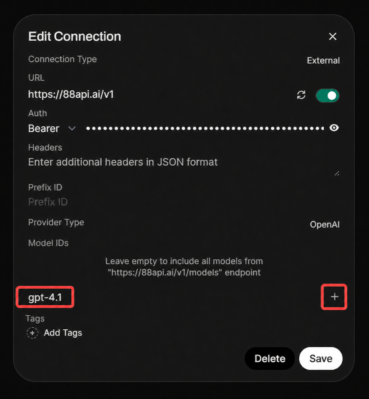 在 Open WebUI 中填写 88API URL、API Key 和模型 ID