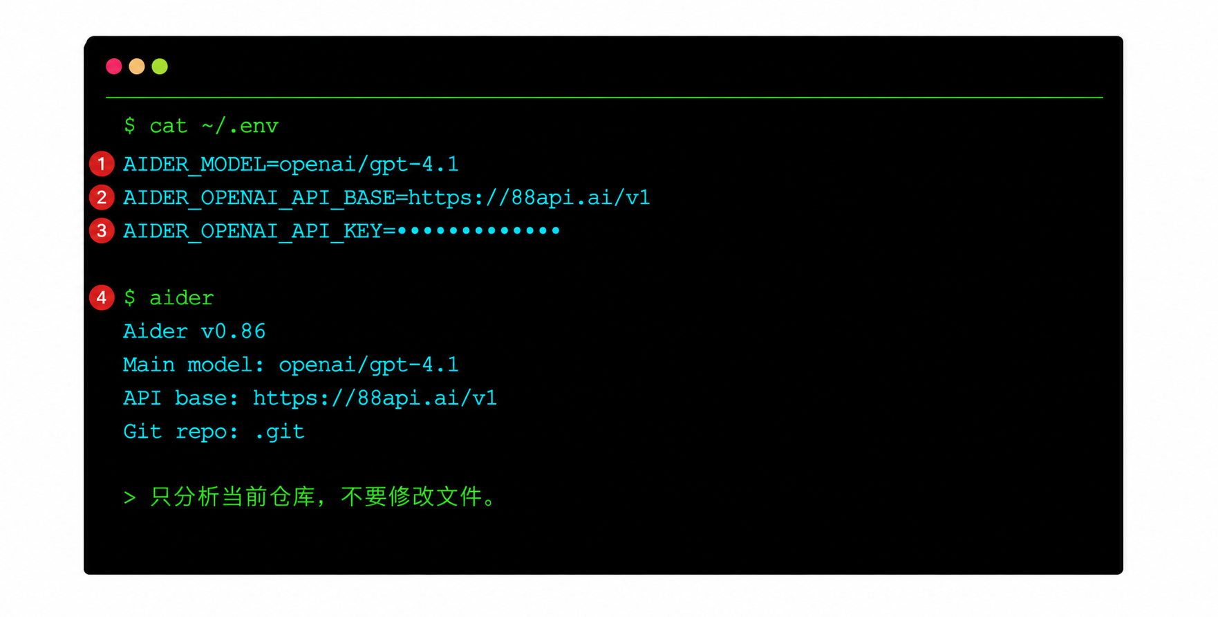 在 .env 中配置 88API 并启动 Aider
